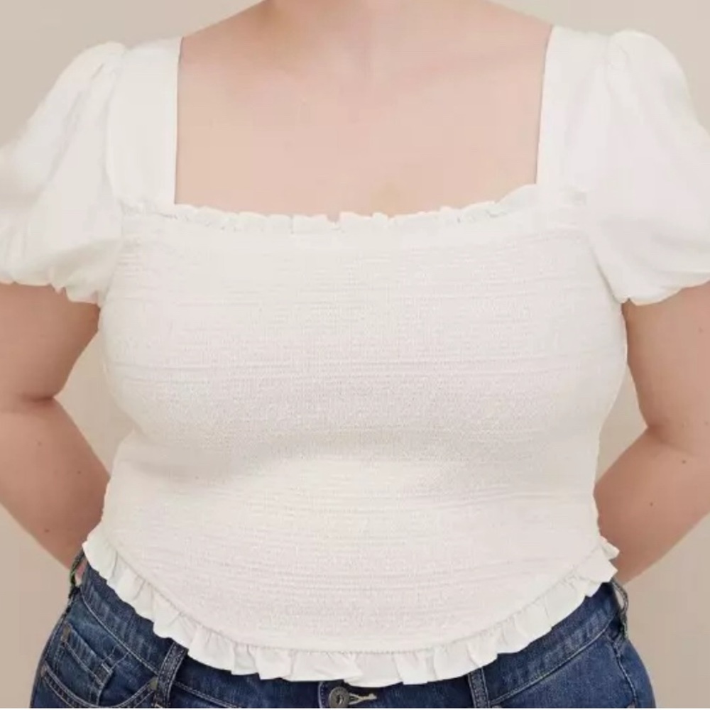 White crop top with puffy sleeves